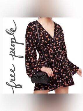 Free People Black Floral Mini Romper with Bell Sleeves